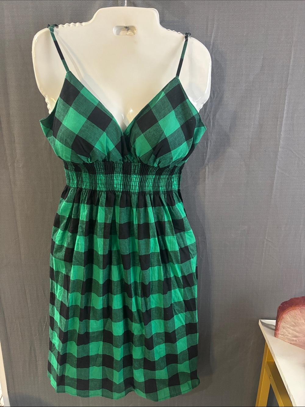 She's Cool Green and Black Plaid Smocked Spaghetti Strap Mini Dress